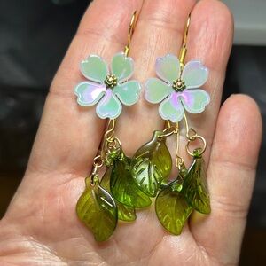 3/$25 Iridescent Flower & Green Leaf Dangle Earrings